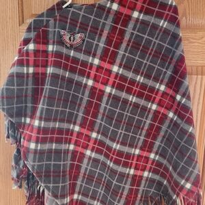 Plaid Poncho with Butterfly Brooch